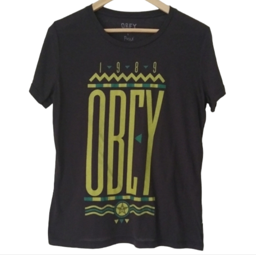 OBEY I989 T-Shirt Women's S Dark Gray Brand Spellout Front Graphic Vintage Style